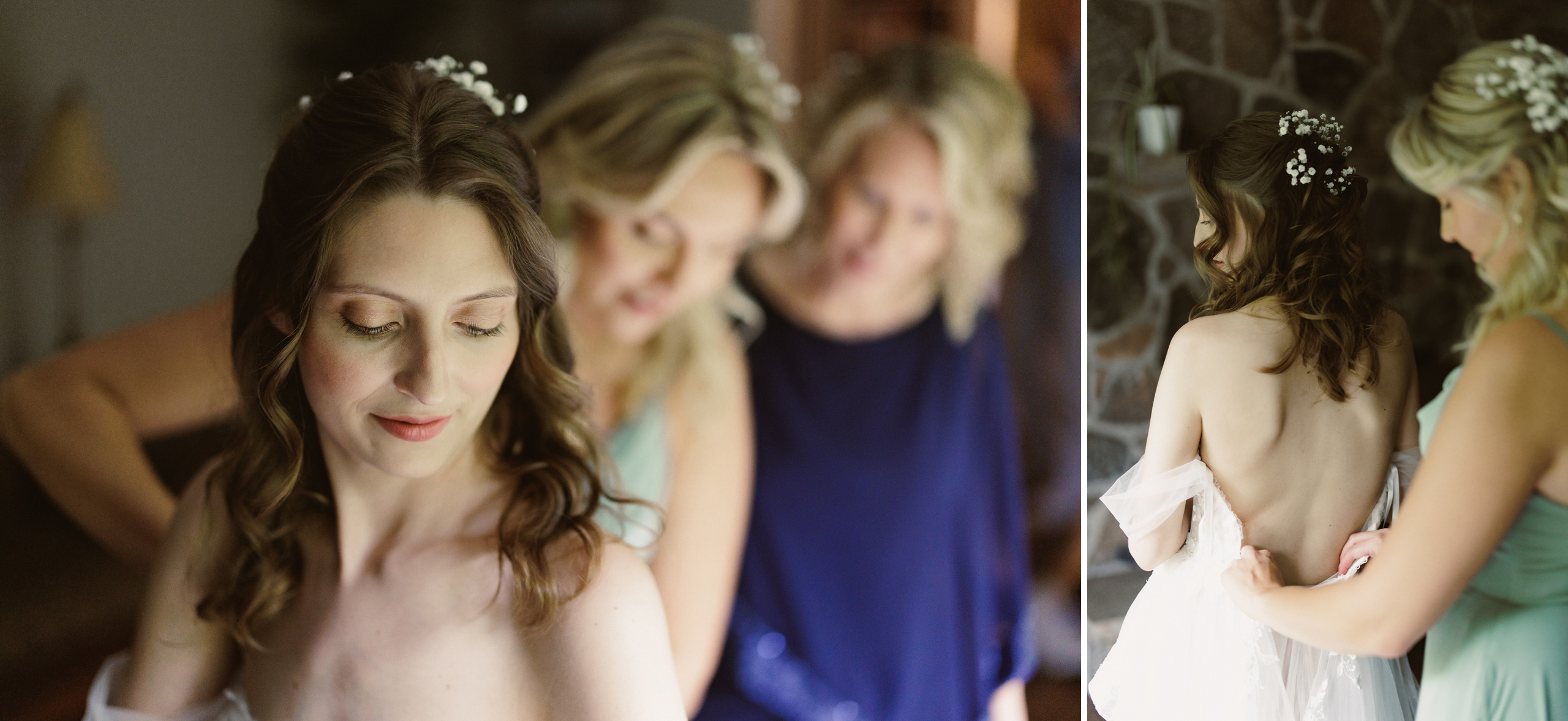 zipping up wedding dress getting ready