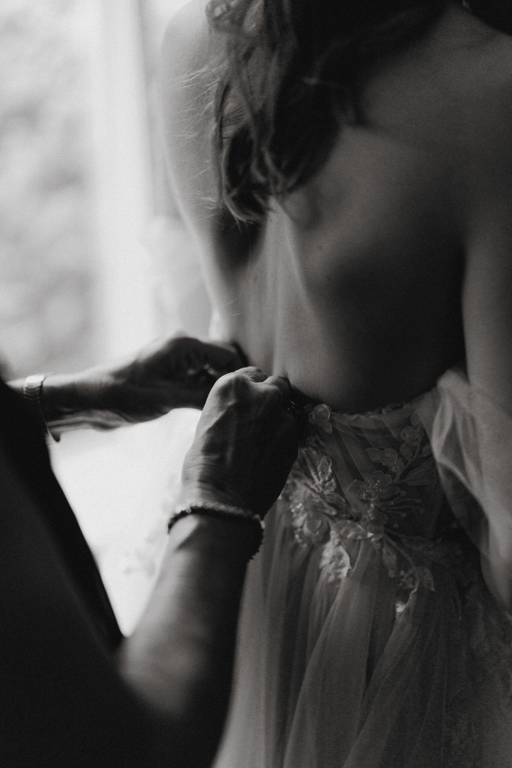 black white film bride getting ready zip dress