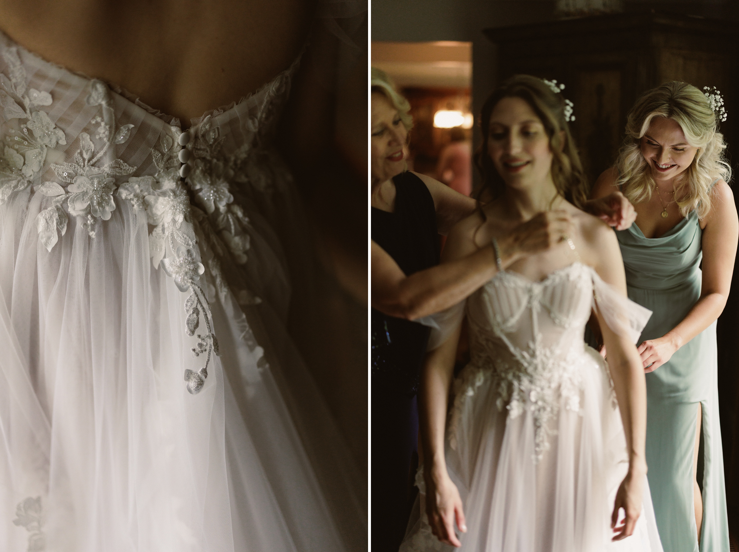 bride putting on dress wedding