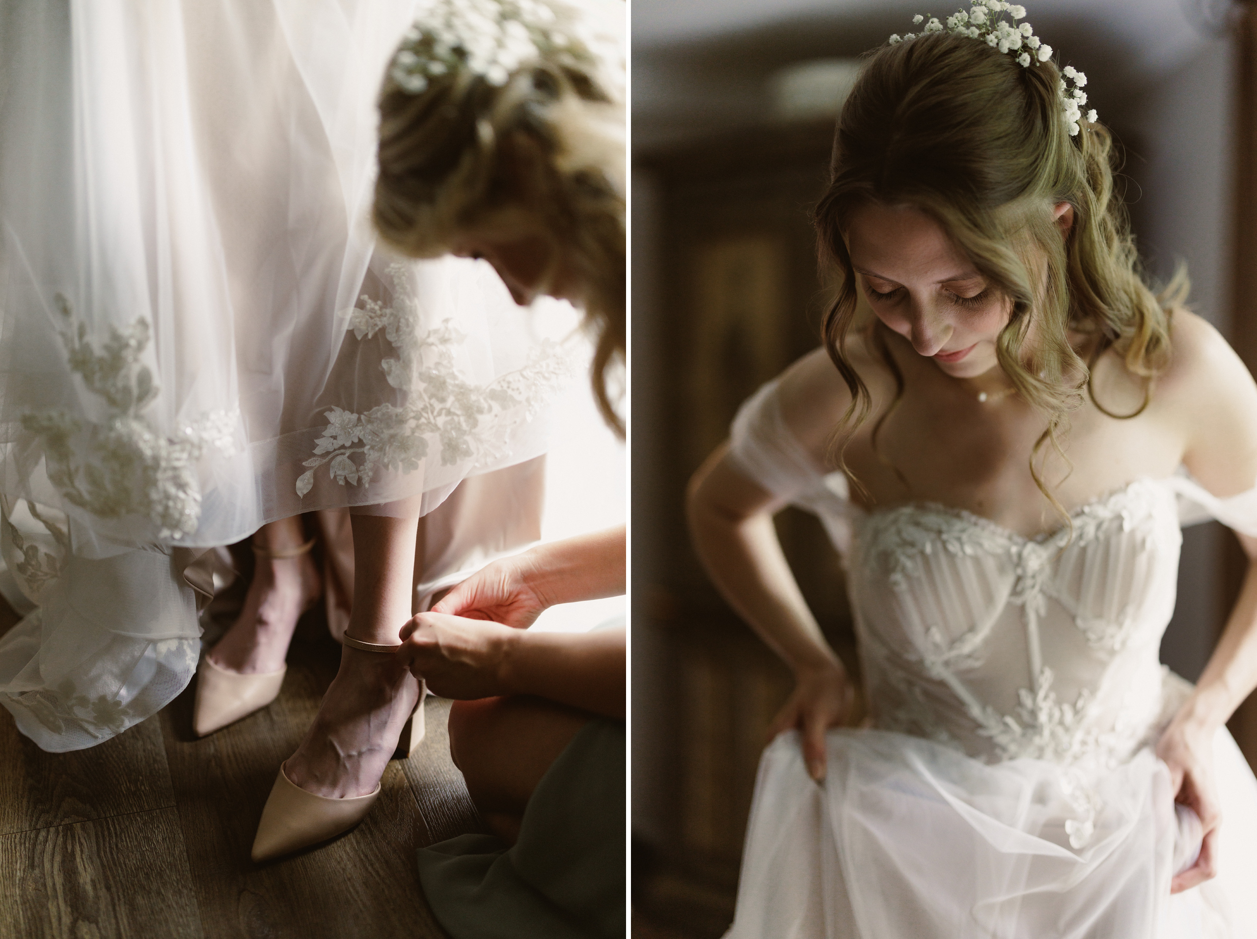 bridesmaid putting on bride shoes