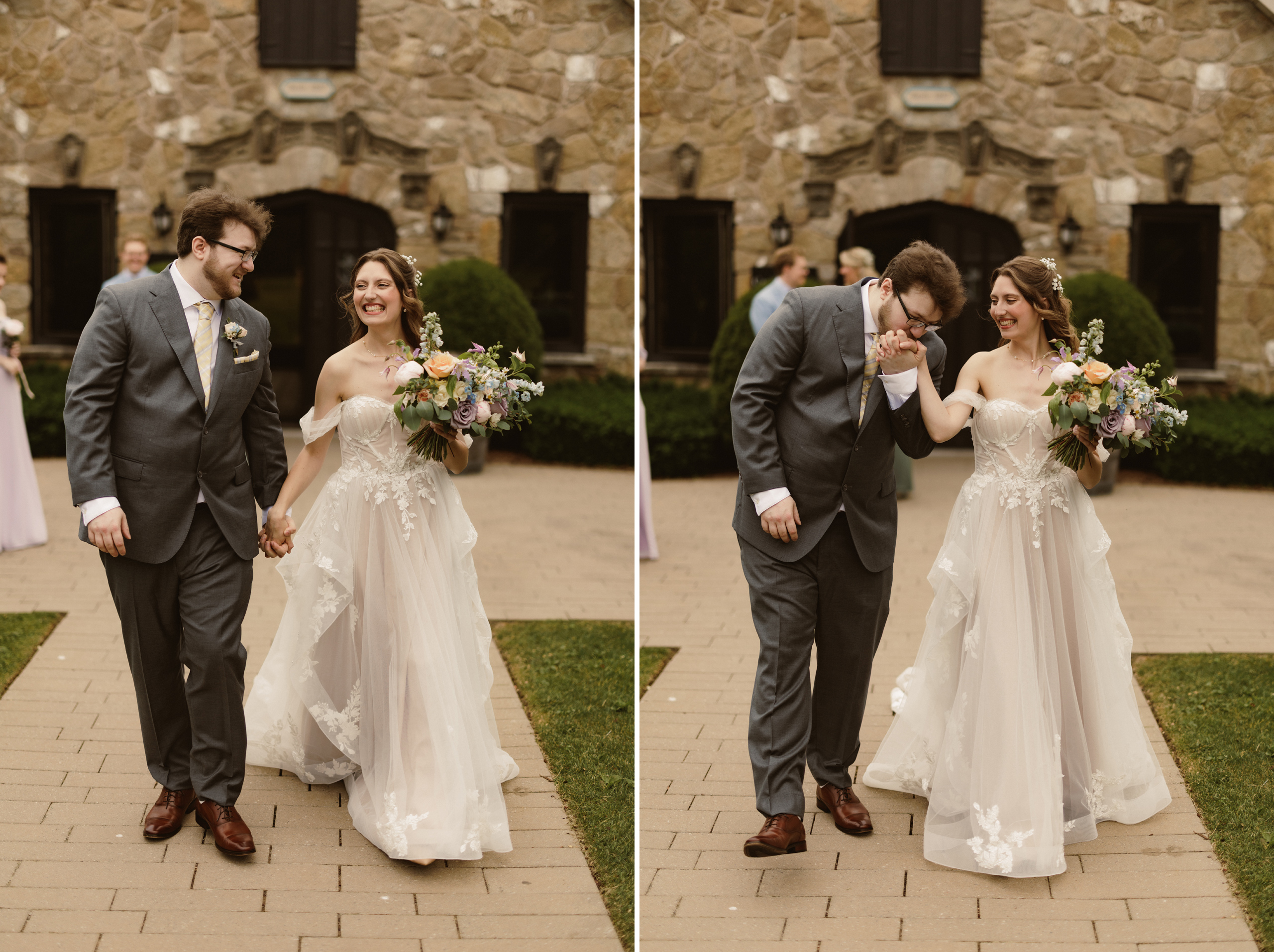 bride groom happy outside just married carriage house