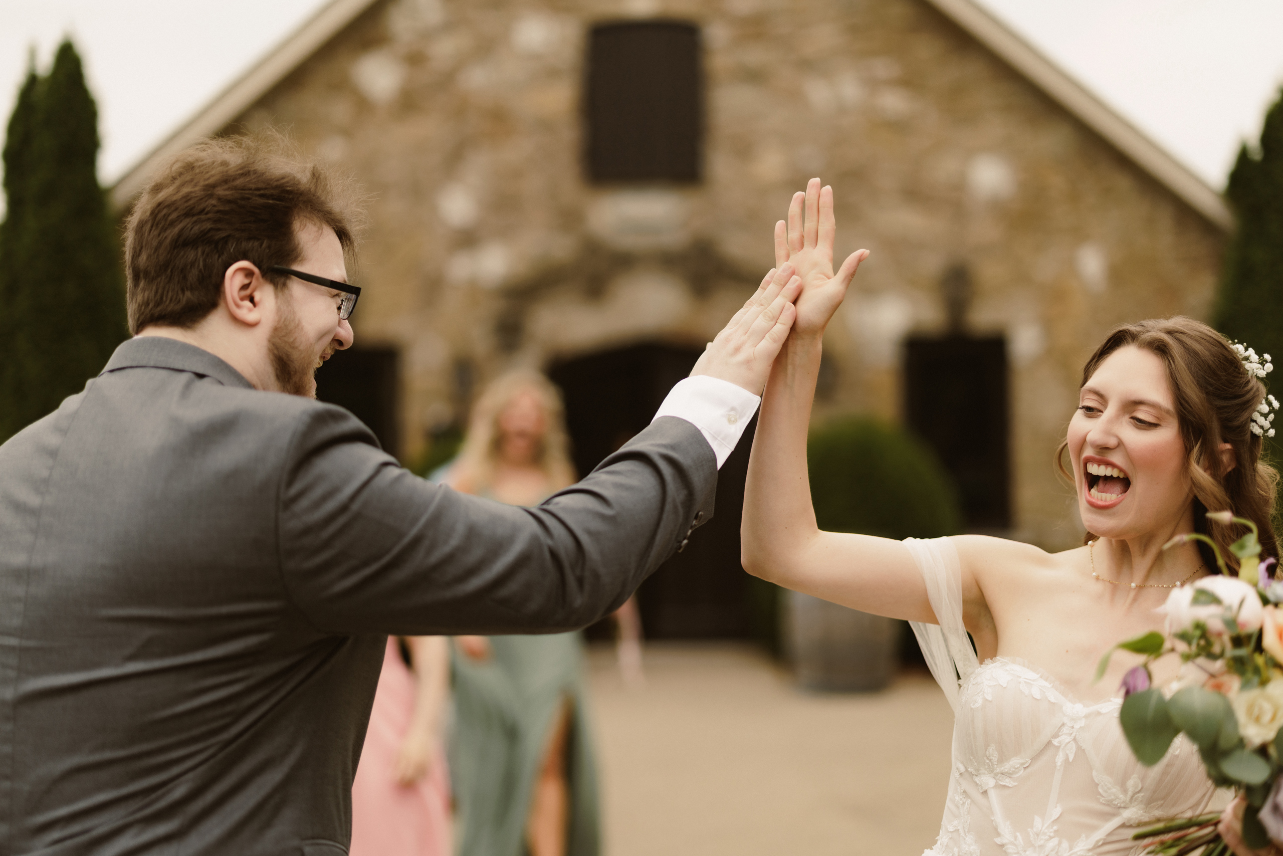 bride groom happy outside just married carriage house