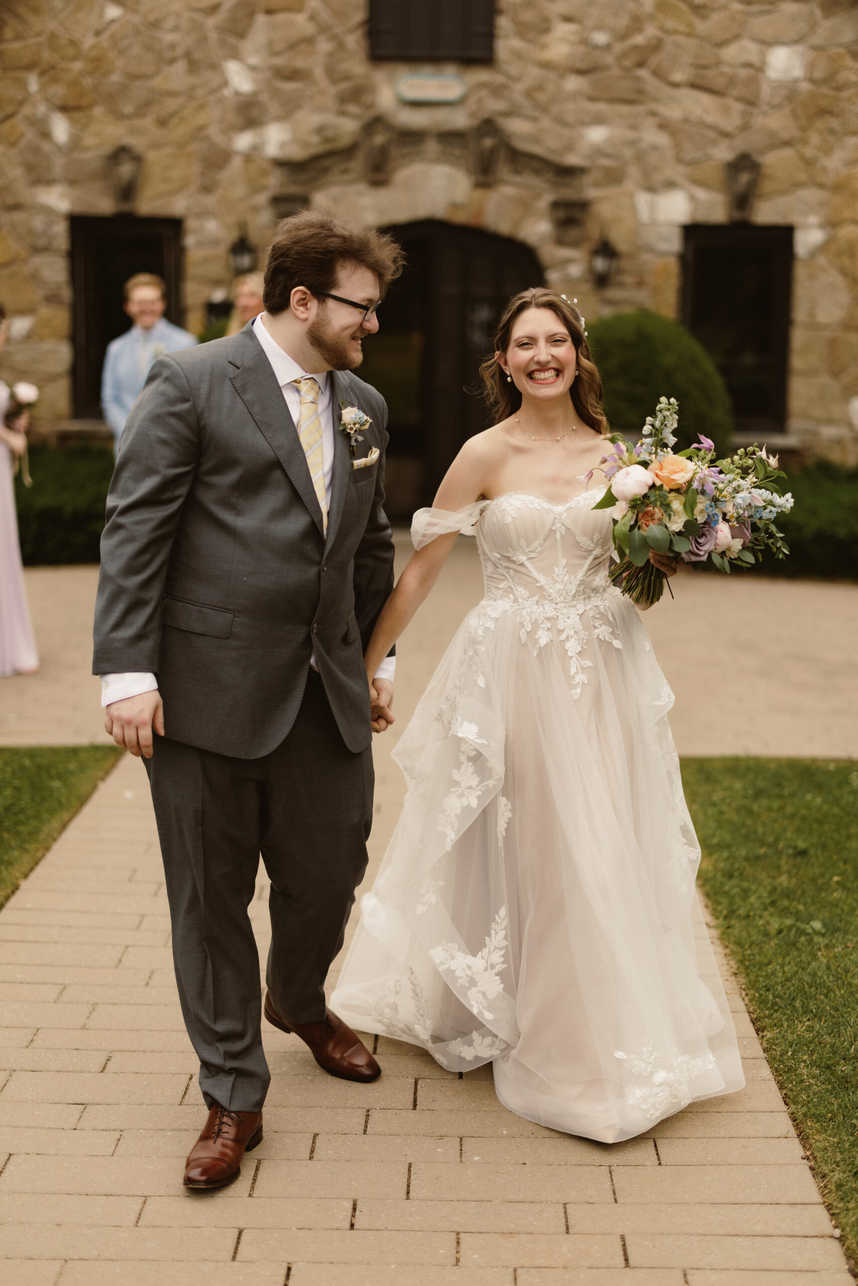 bride groom happy outside just married carriage house