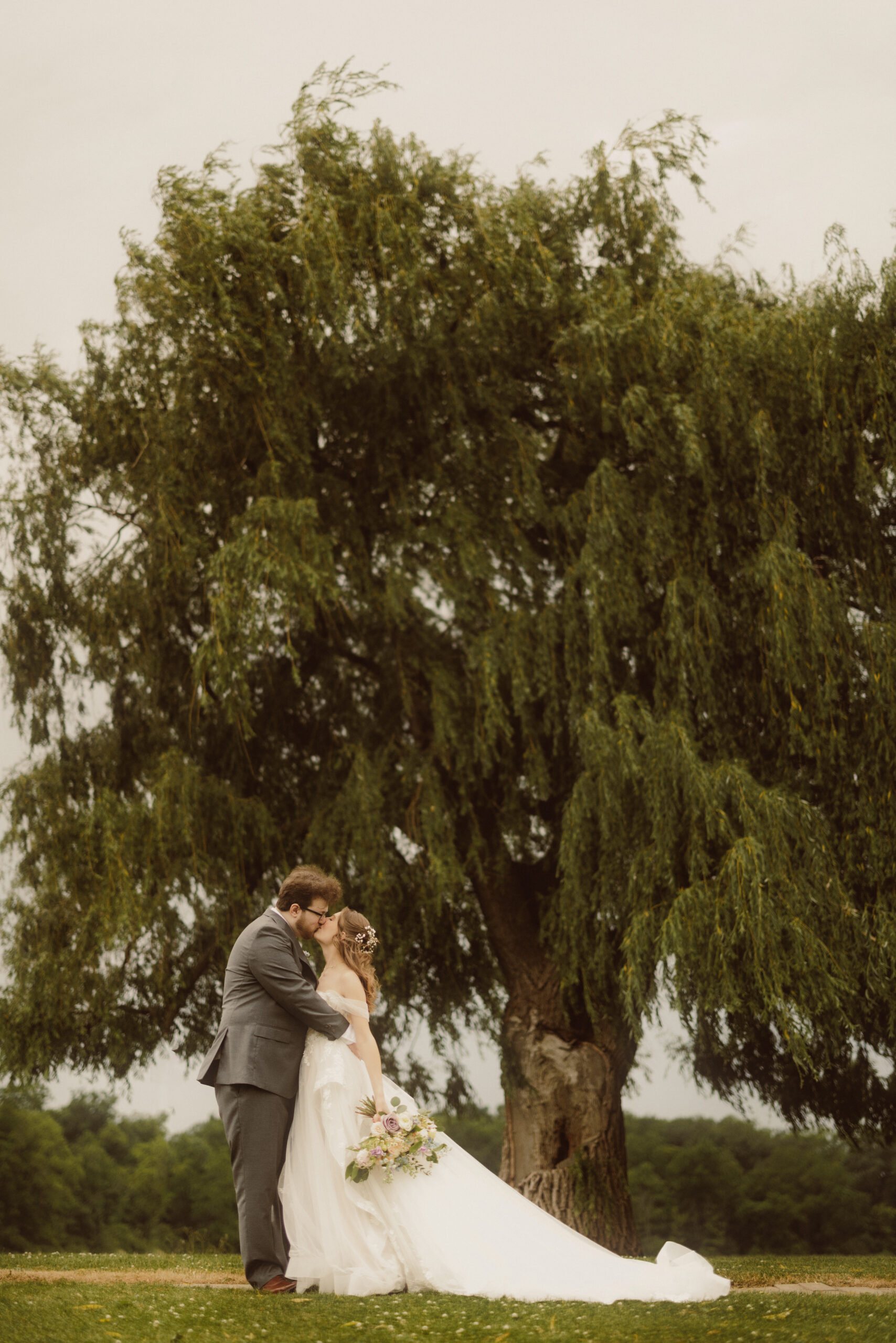 bride groom kiss under willow tree vineland estates