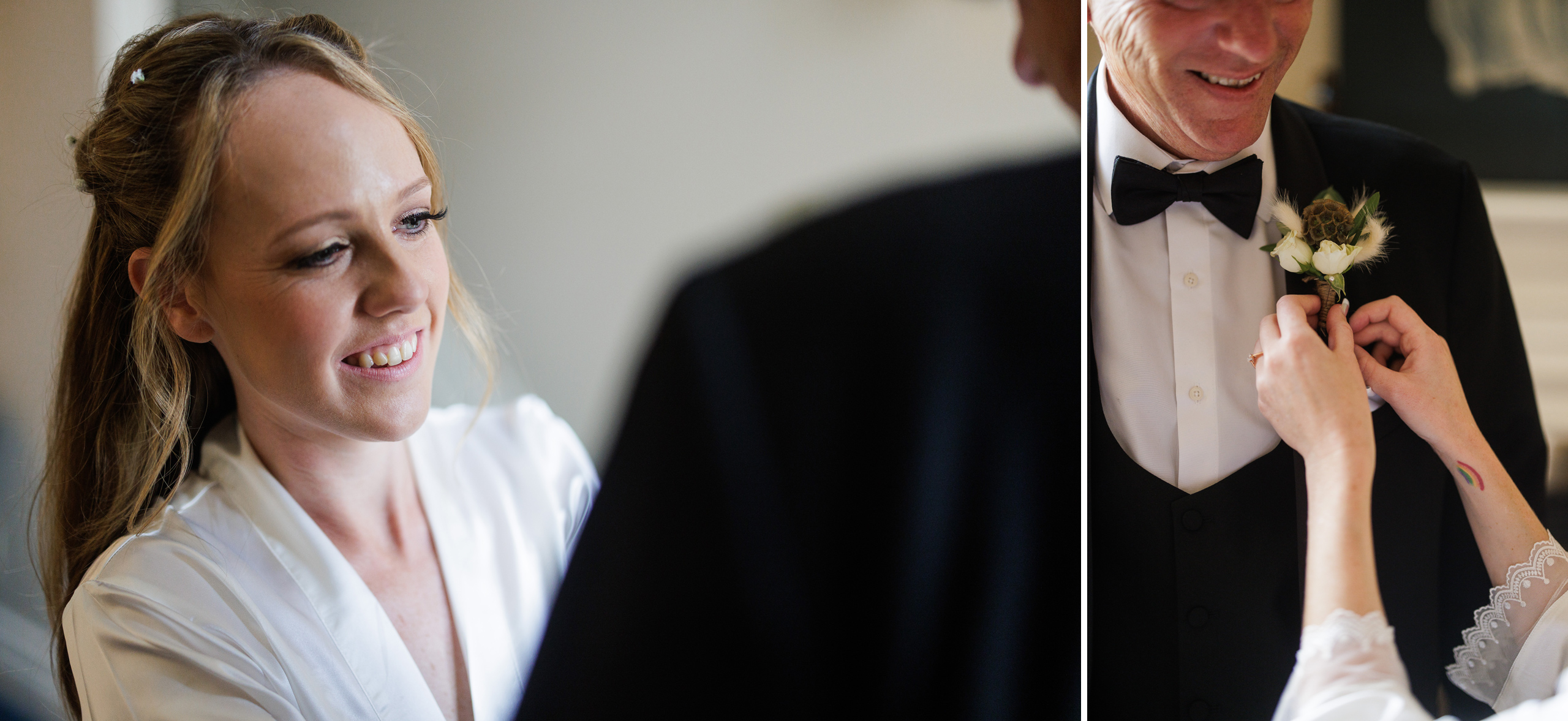 bride pin boutonniere on father wedding