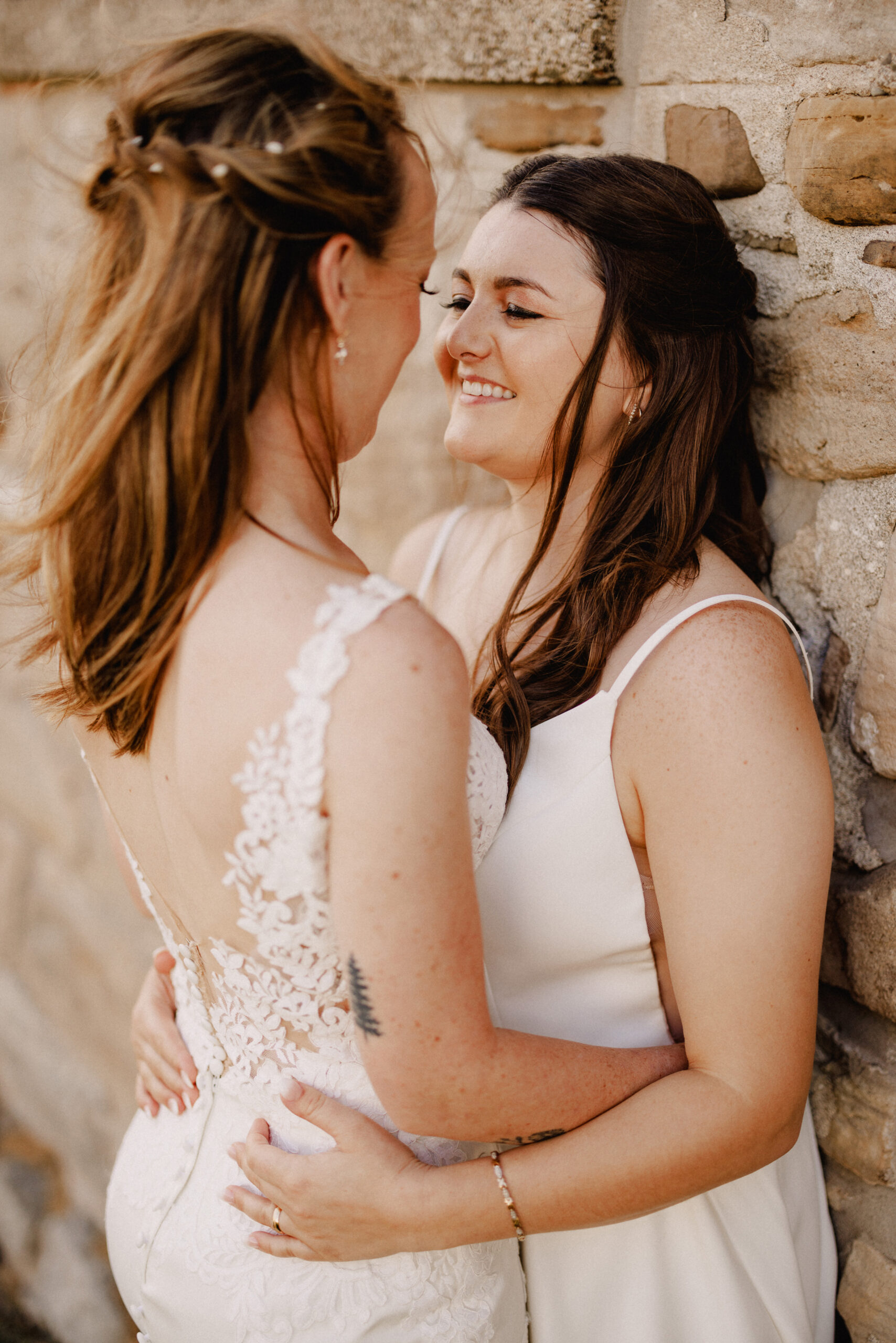 two brides romantic wedding photography cave spring fall vineyard