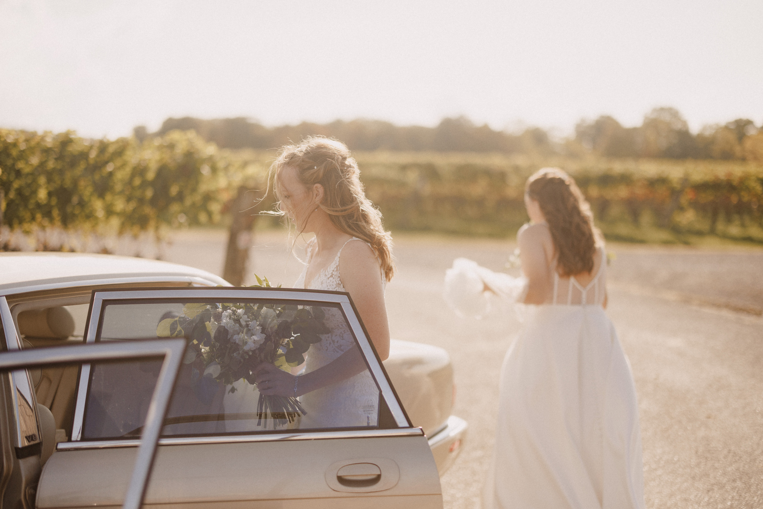 two brides classic car wedding vineyard niagara